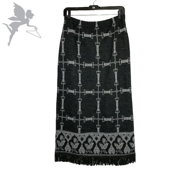 NINA LEONARD Horsebit pattern knit fringe hem skirt - Picture 1 of 7
